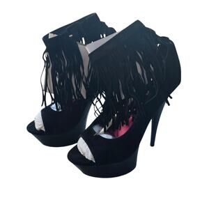 Ellie Shoes Aponi 609 Black Fringe Platform Stripper Heels Peep Toe Size 7 NWB
